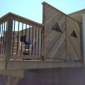 Deck with black rod railing and privacy wall (built with pressure treated lumber)